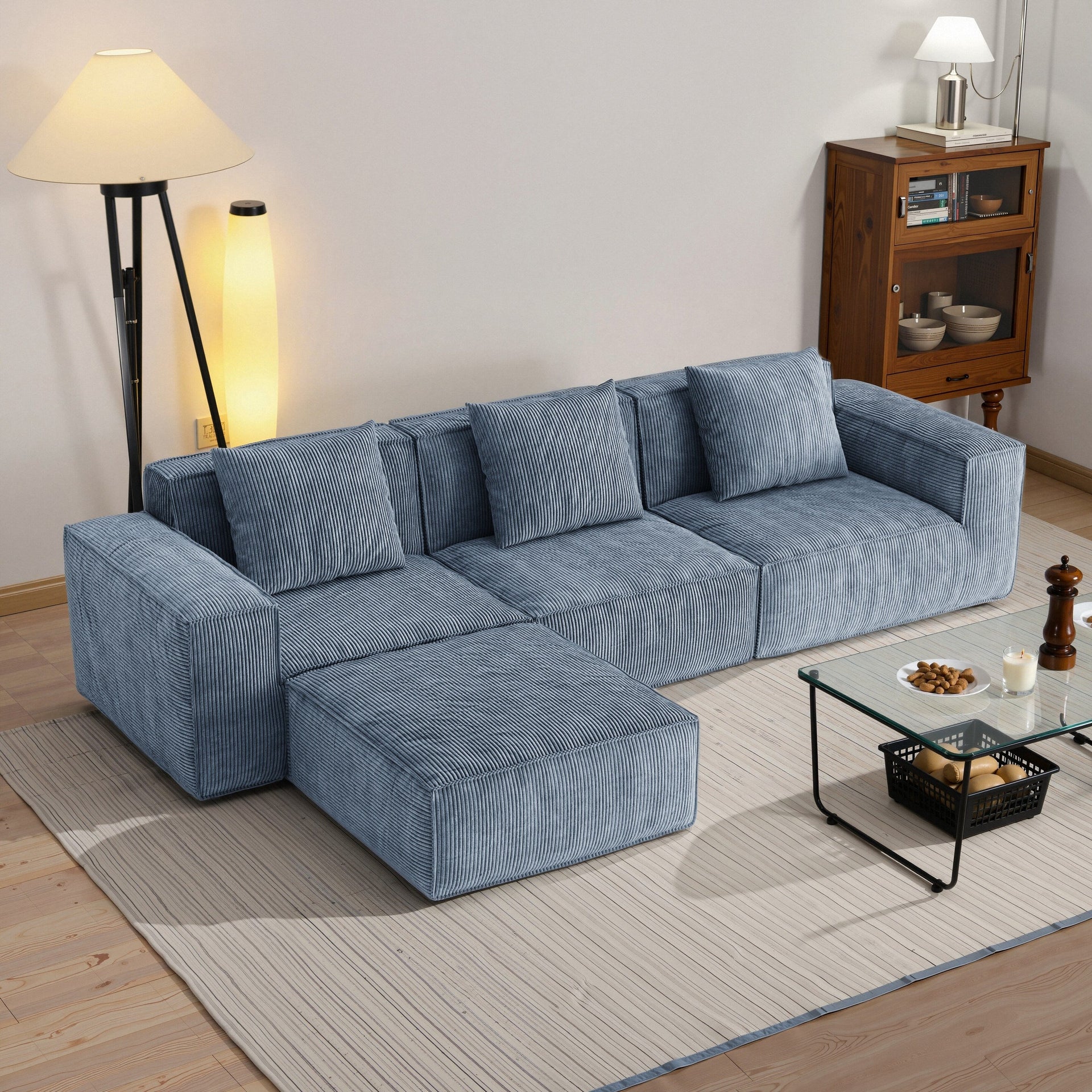 118 Inch Modular Sofa Bed Convertible 3 Seater with Footrest Gray Corduroy Velvet