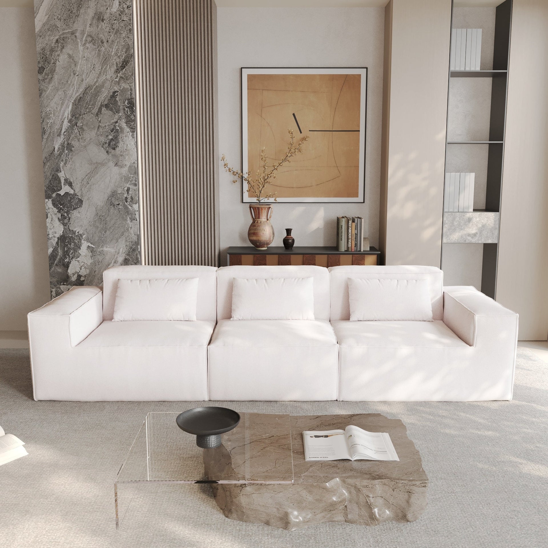 118 Modular Sofa Sectional Couch with Movable Fabric Cover & 3 Pillows, Comfy 3-Seater Corduroy Fabric Couch