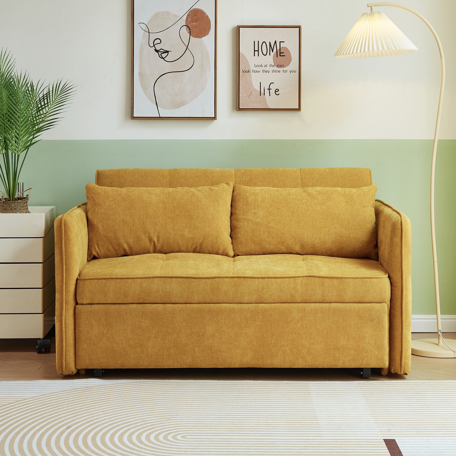 Yellow Chenille Fabric Pull-Out Sofa Bed Sleeper - 39.00 x 53.50 x 31.50