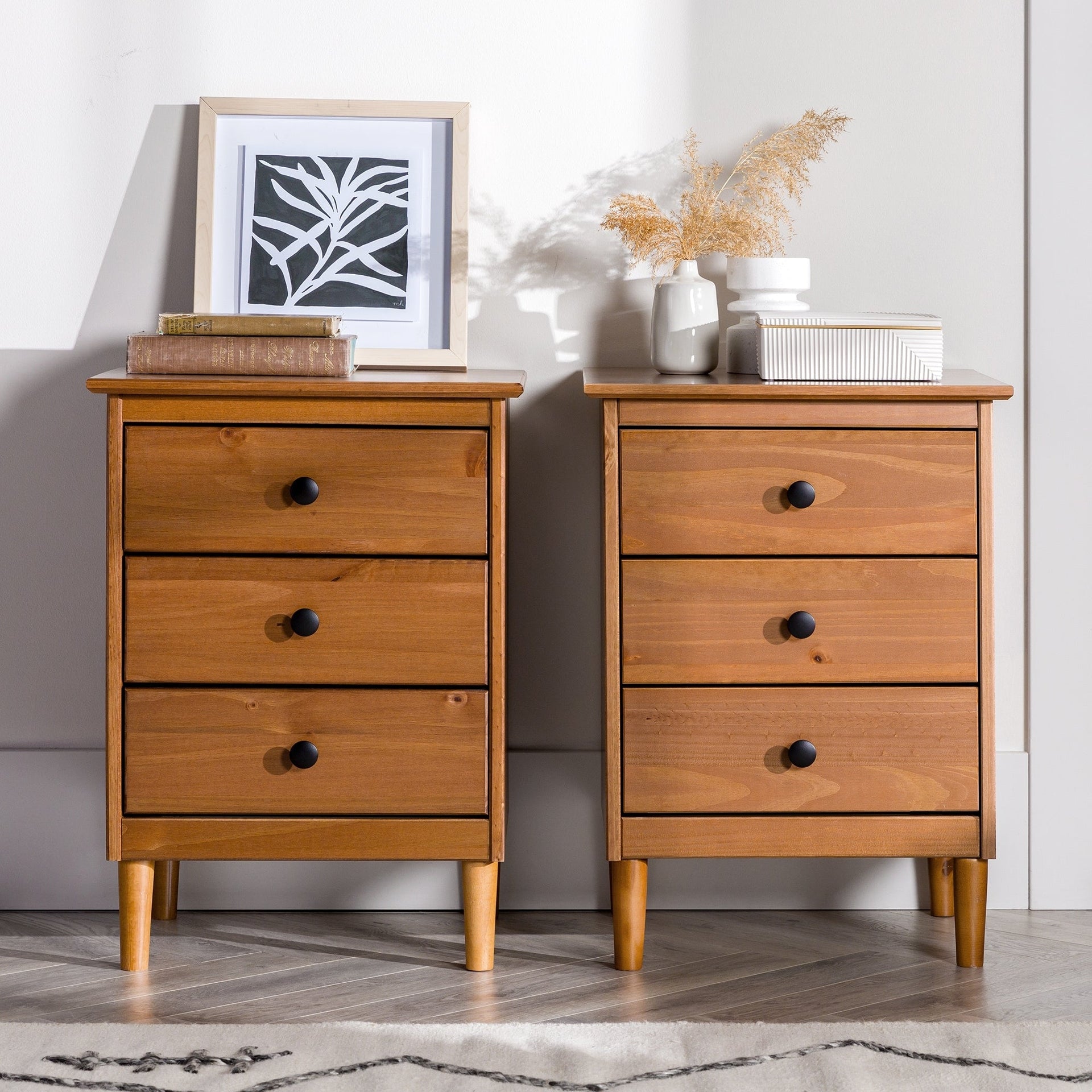 Walker Edison Bullrushes Solid Wood 3-Drawer Nightstand, Set of 2