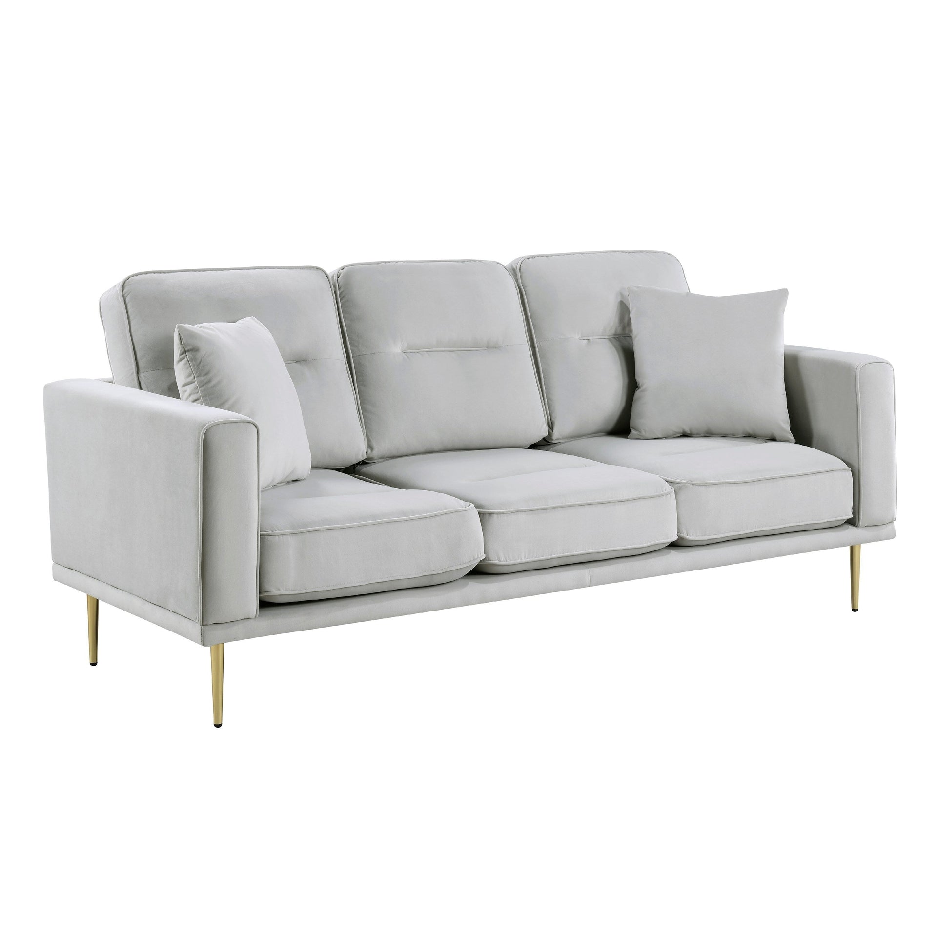 Voxo Sofa, Gray Velvet Padded Seat, Two Accent Pillows, 82 Inch