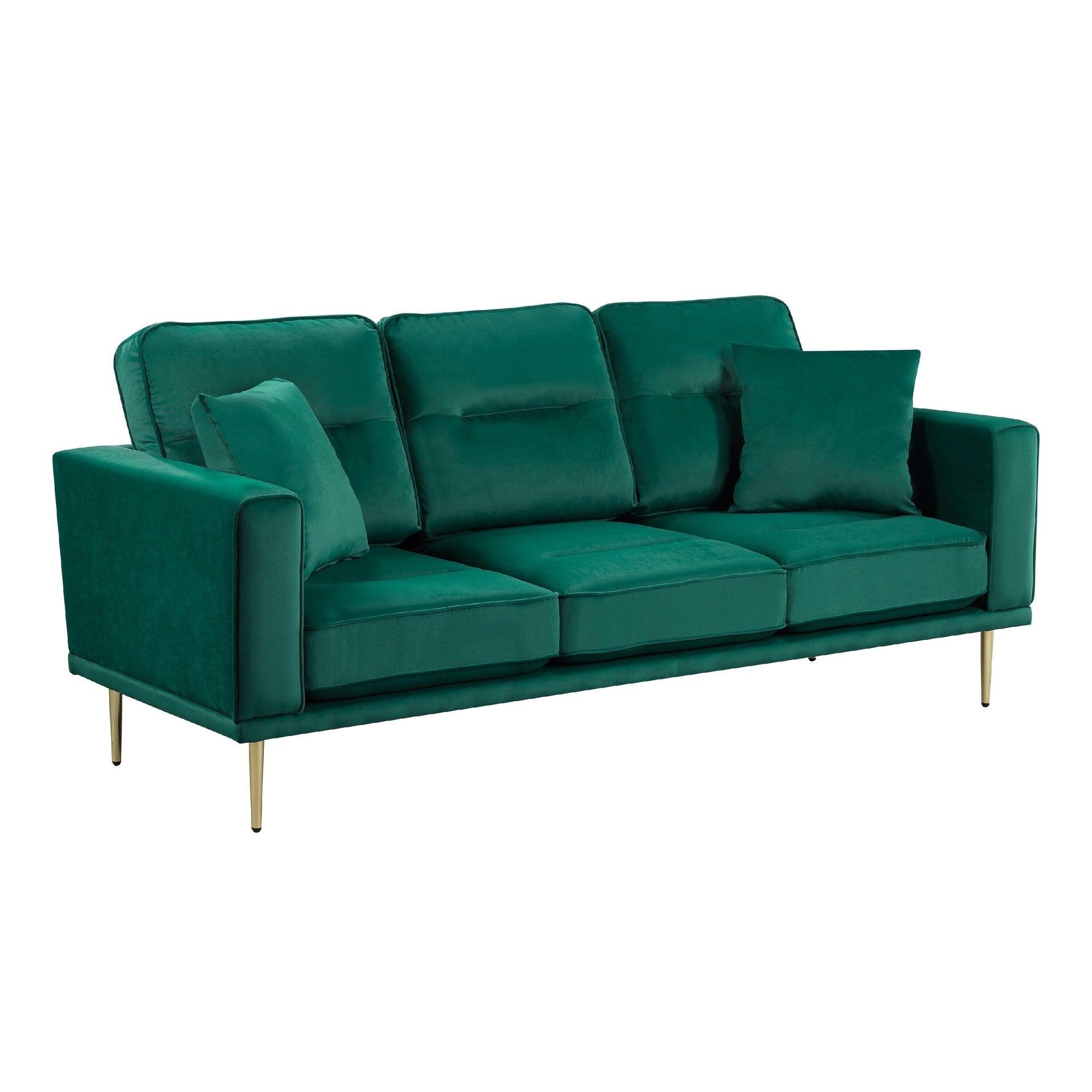 Voxo Sofa, Green Velvet Padded Seat, Two Accent Pillows, 82 Inch