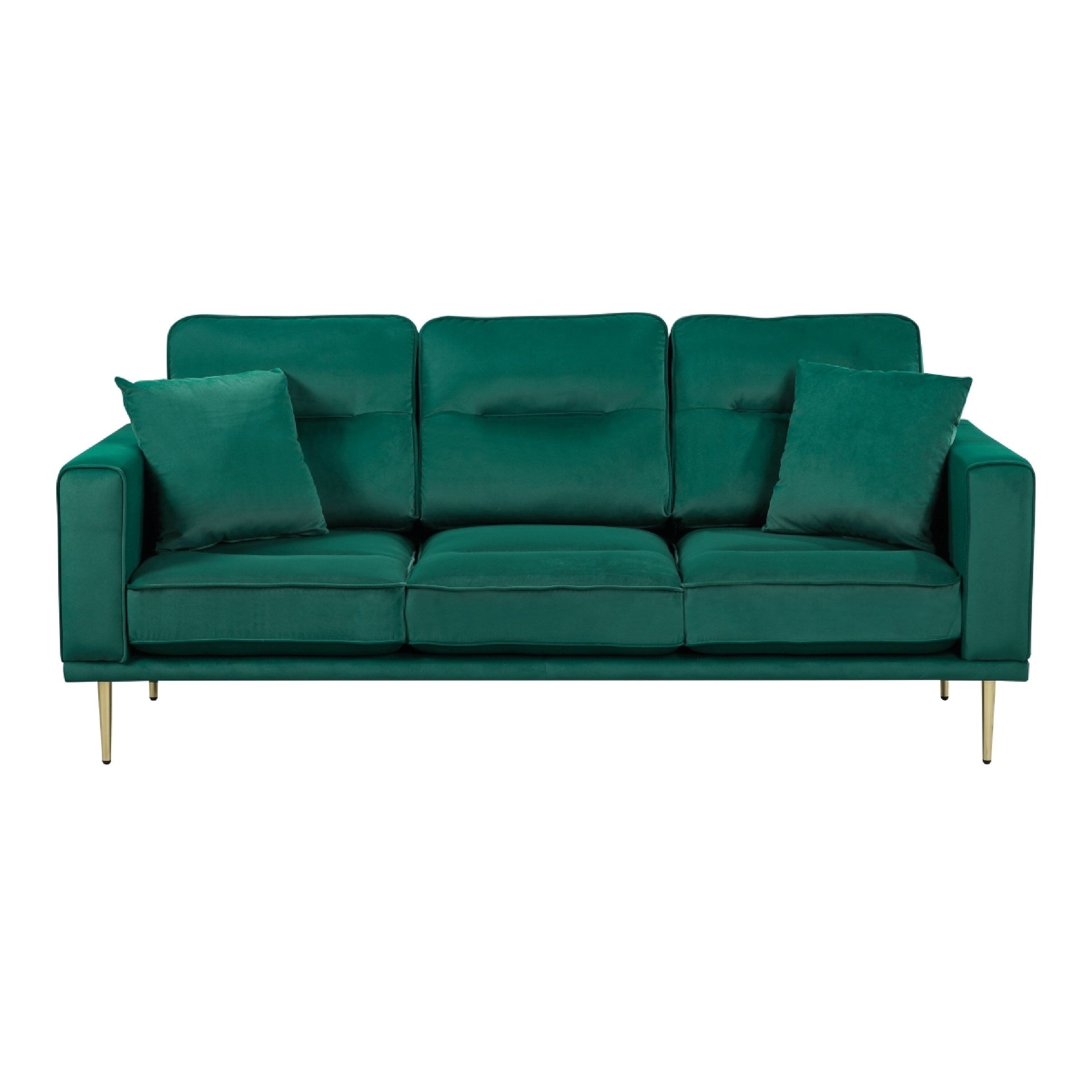 Voxo Sofa, Green Velvet Padded Seat, Two Accent Pillows, 82 Inch