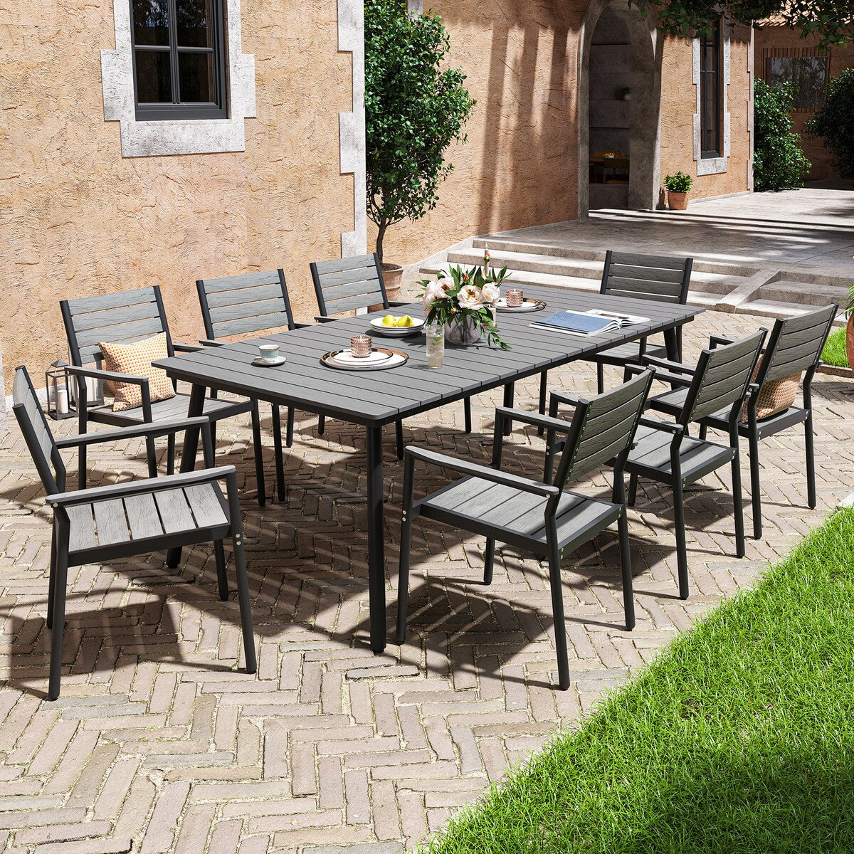 VredHom 9-Piece Outdoor Patio Dining Table Set with Stackable Chairs - Set of 9