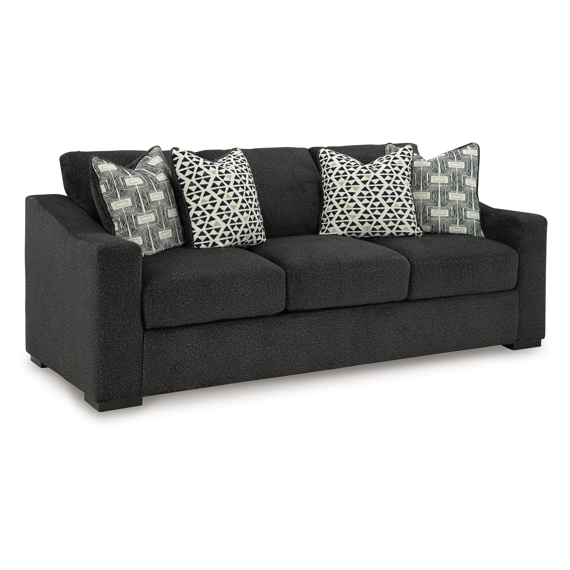 Wryen Sofa, Onyx Black Polyester, 4 Accent Throw Pillows, 93 Inch