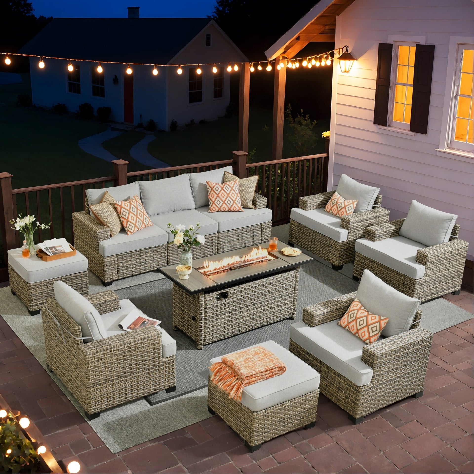 XIZZI 10-piece Patio Wicker Furniture Conversation Set with Fire Pit Table