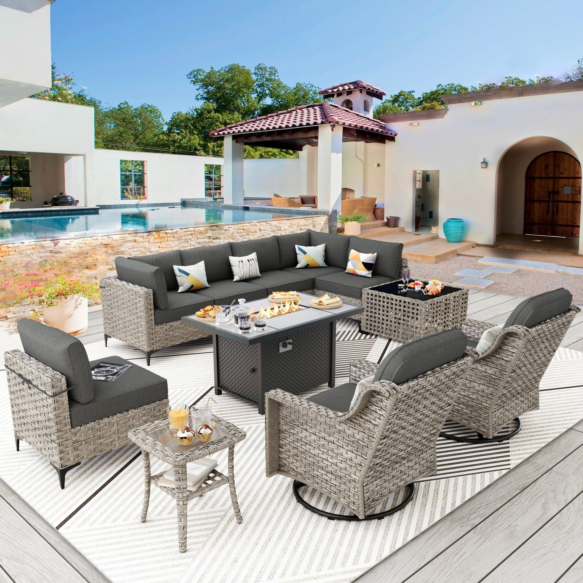XIZZI 11-piece Patio Rattan Wicker Furniture Set with Fire Pit Table
