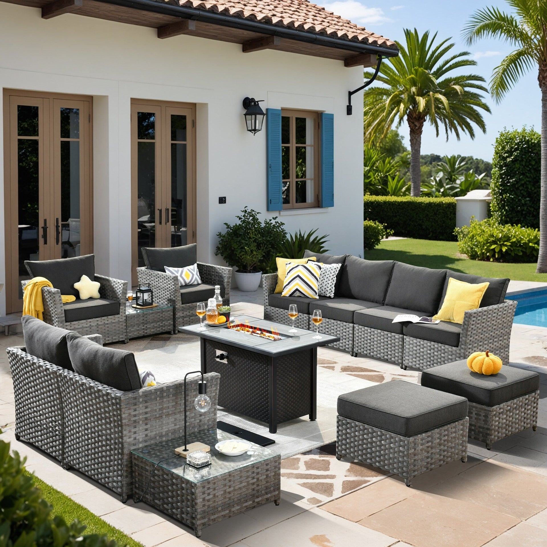 XIZZI 13-piece Outdoor Patio Wicker Furniture Set with Fire Table