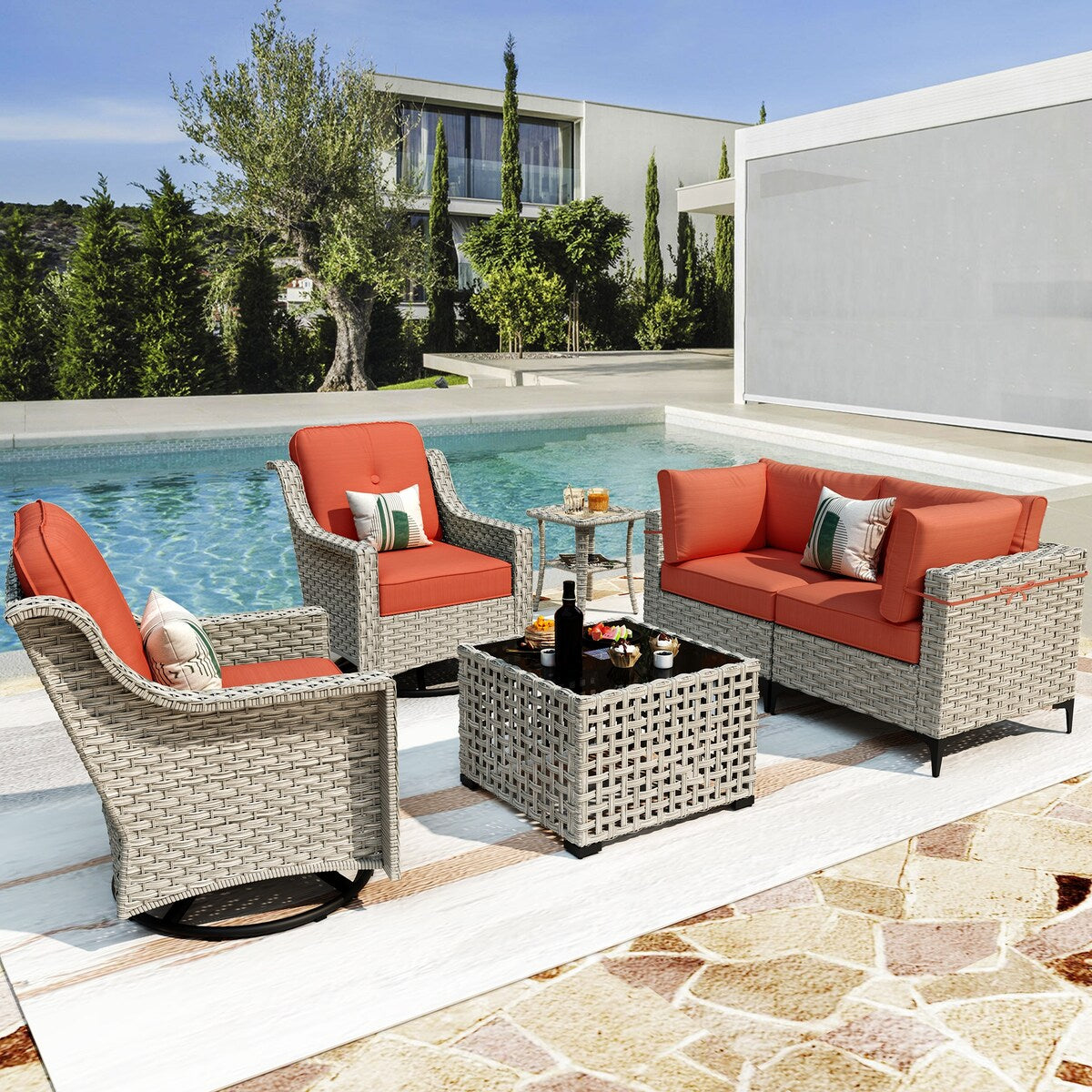 XIZZI 6-piece Patio Furniture Wicker Conversation Set with Swivel Chair