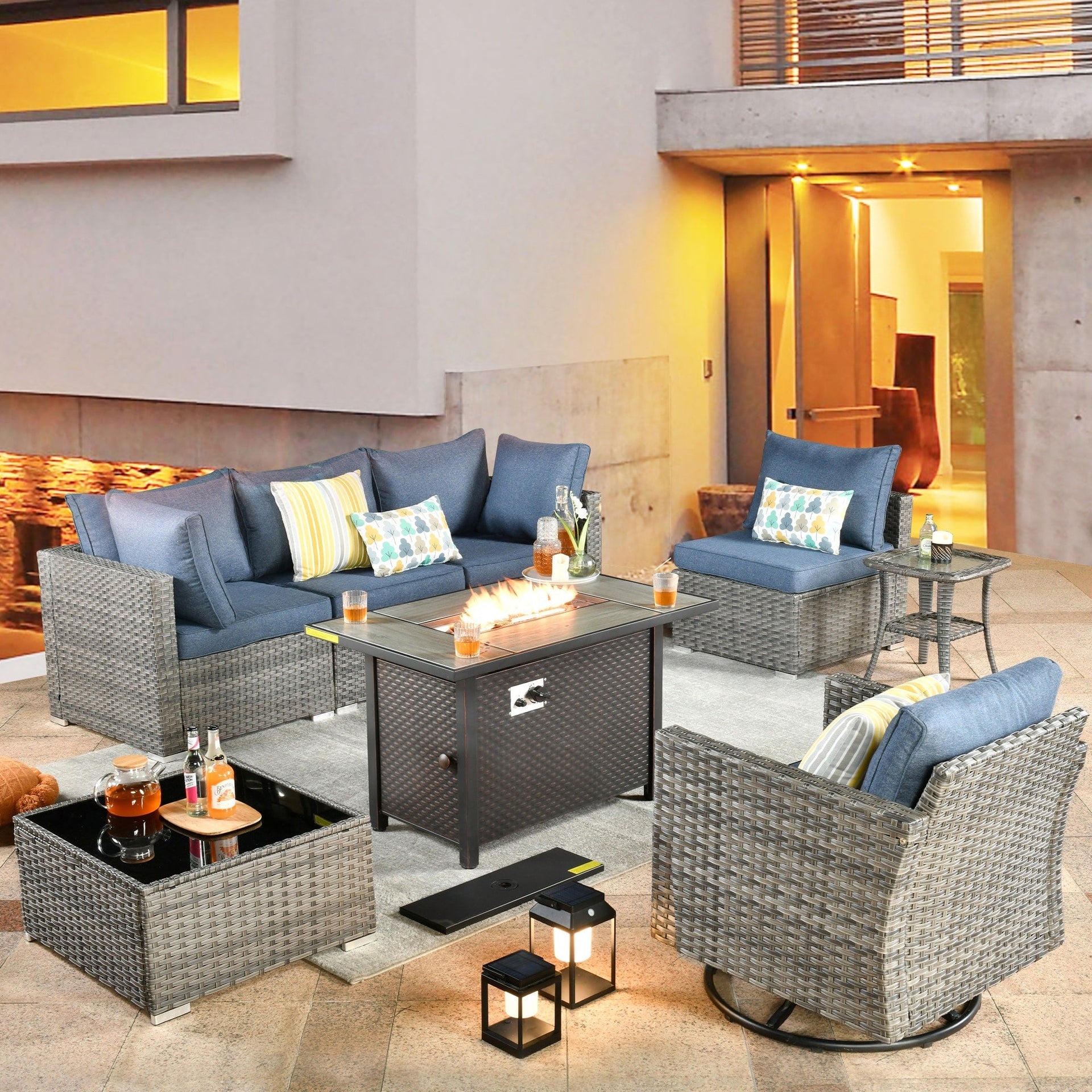 XIZZI 8-piece Patio Outdoor Wicker Furniture Swivel Chair Set with Firepit Table