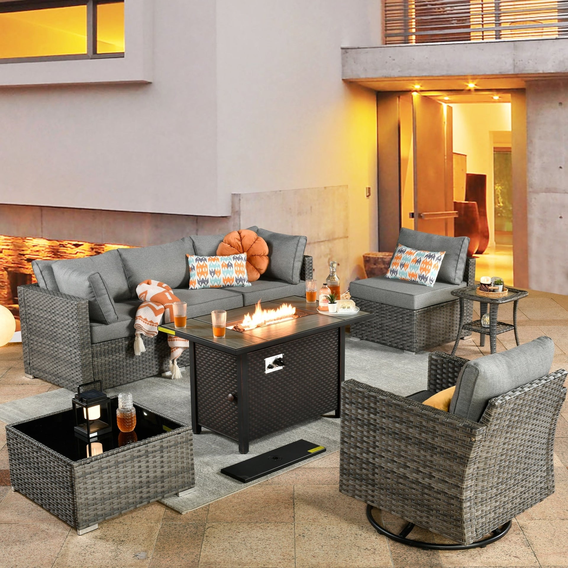 XIZZI 8-piece Patio Outdoor Wicker Furniture Swivel Chair Set with Firepit Table