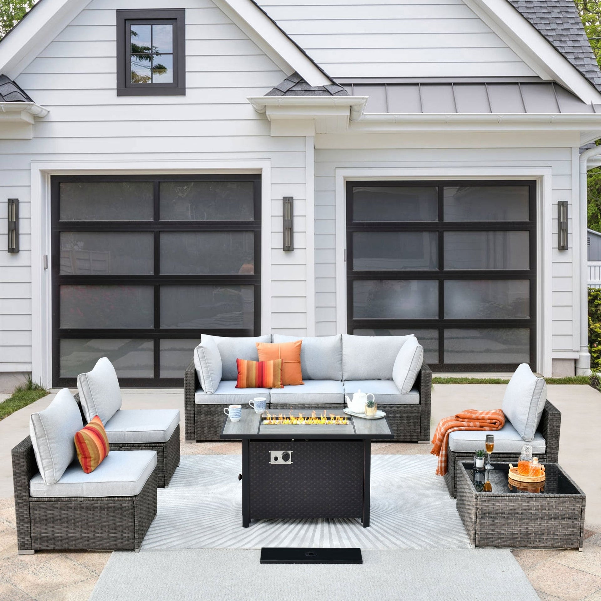 XIZZI 8-piece Patio Wicker Furniture Sectional Set with Firepit