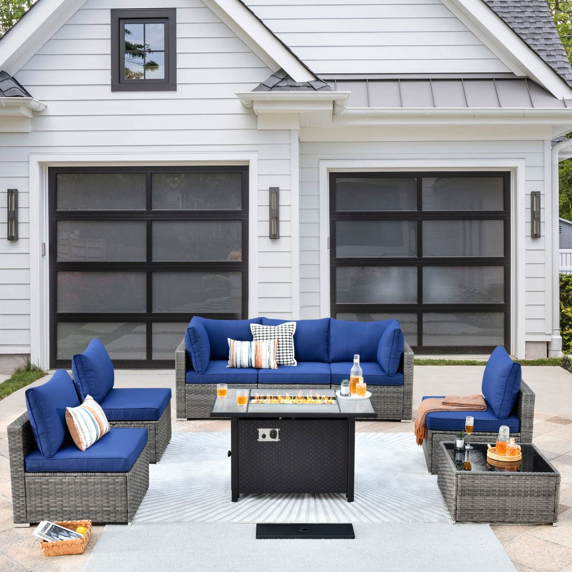 XIZZI 8-piece Patio Wicker Furniture Sectional Set with Firepit