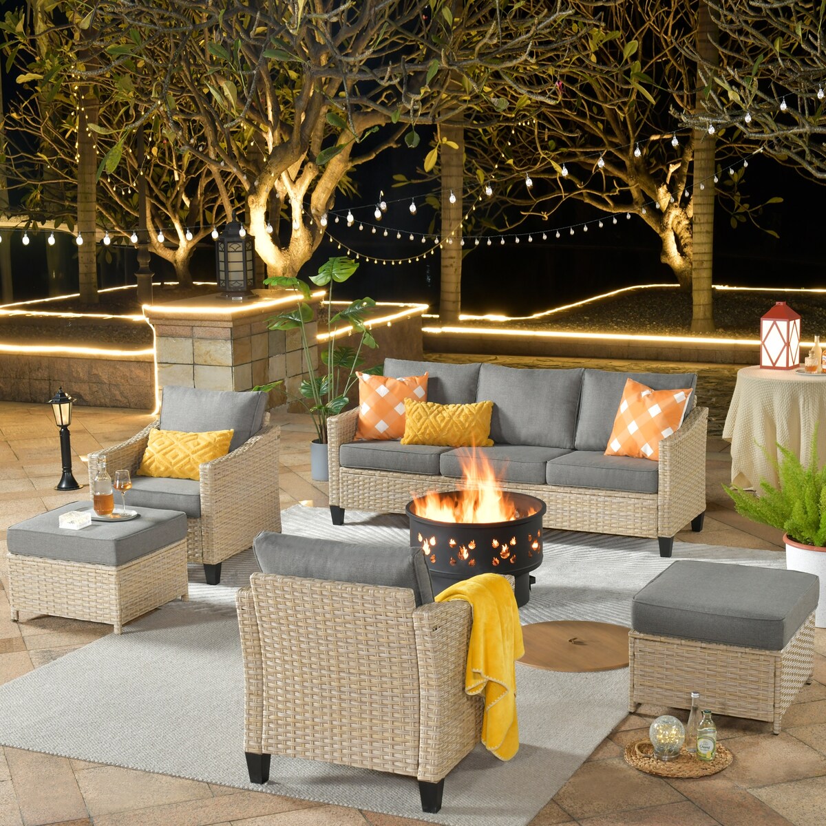 XIZZI 6-piece Patio Wicker Furniture with Wood Burning Fire Pit