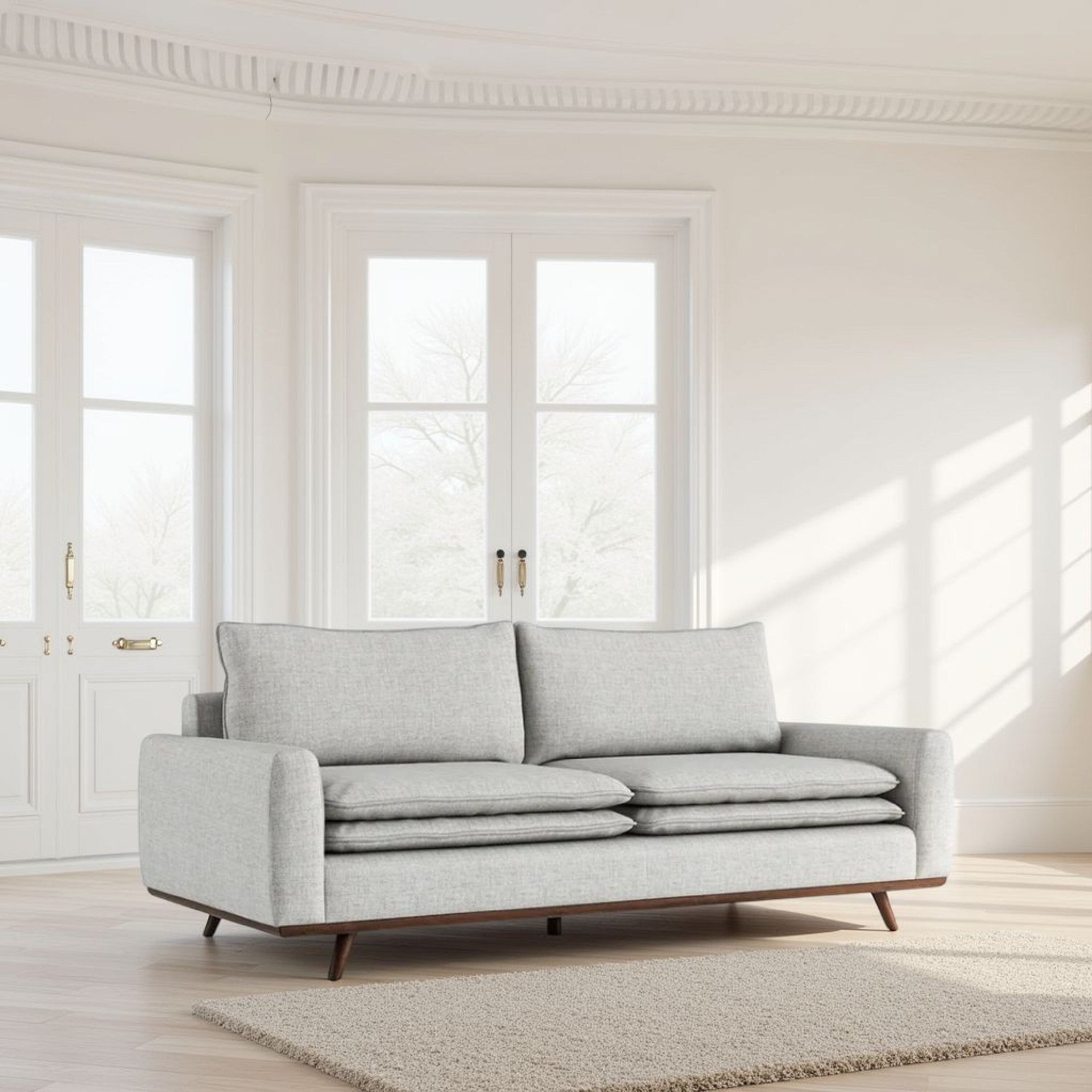 Yaana Sofa with Feather Blend Pillows, Dark Brown Wood, Gray 83 Inch