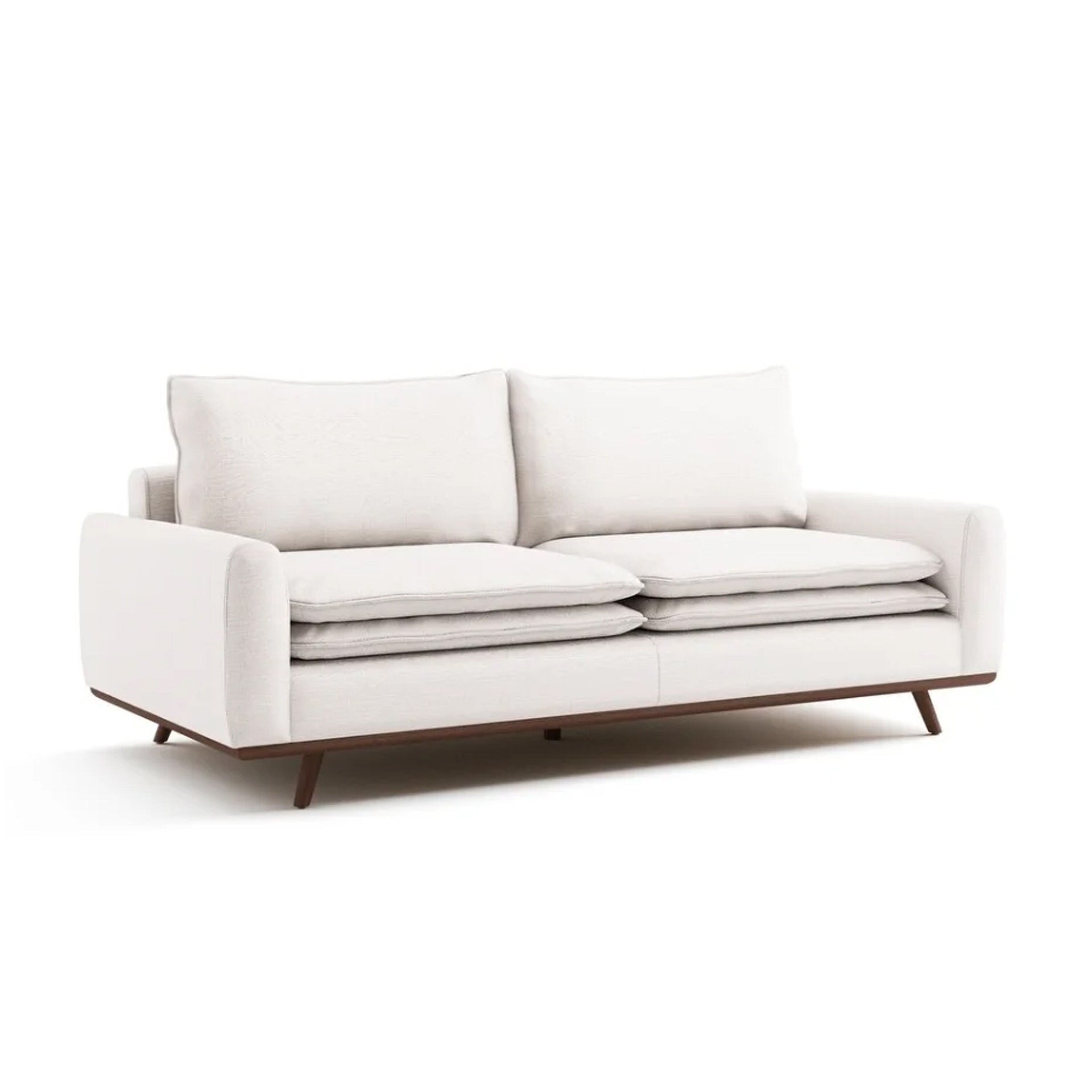 Yaana Sofa with Feather Blend Pillows, Dark Brown Wood, White 83 Inch