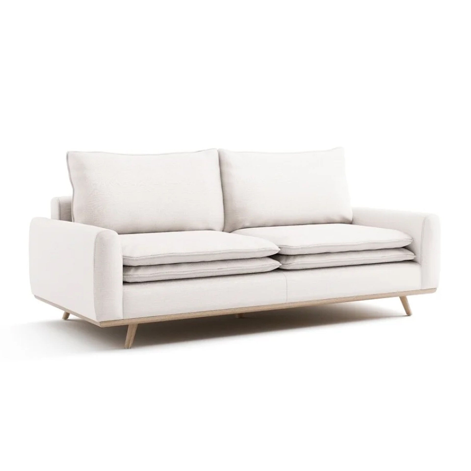 Yaana Sofa with Feather Blend Pillows, Oak Brown Wood, White 83 Inch