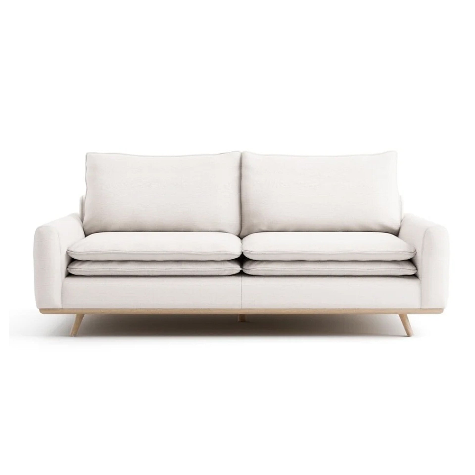 Yaana Sofa with Feather Blend Pillows, Oak Brown Wood, White 83 Inch