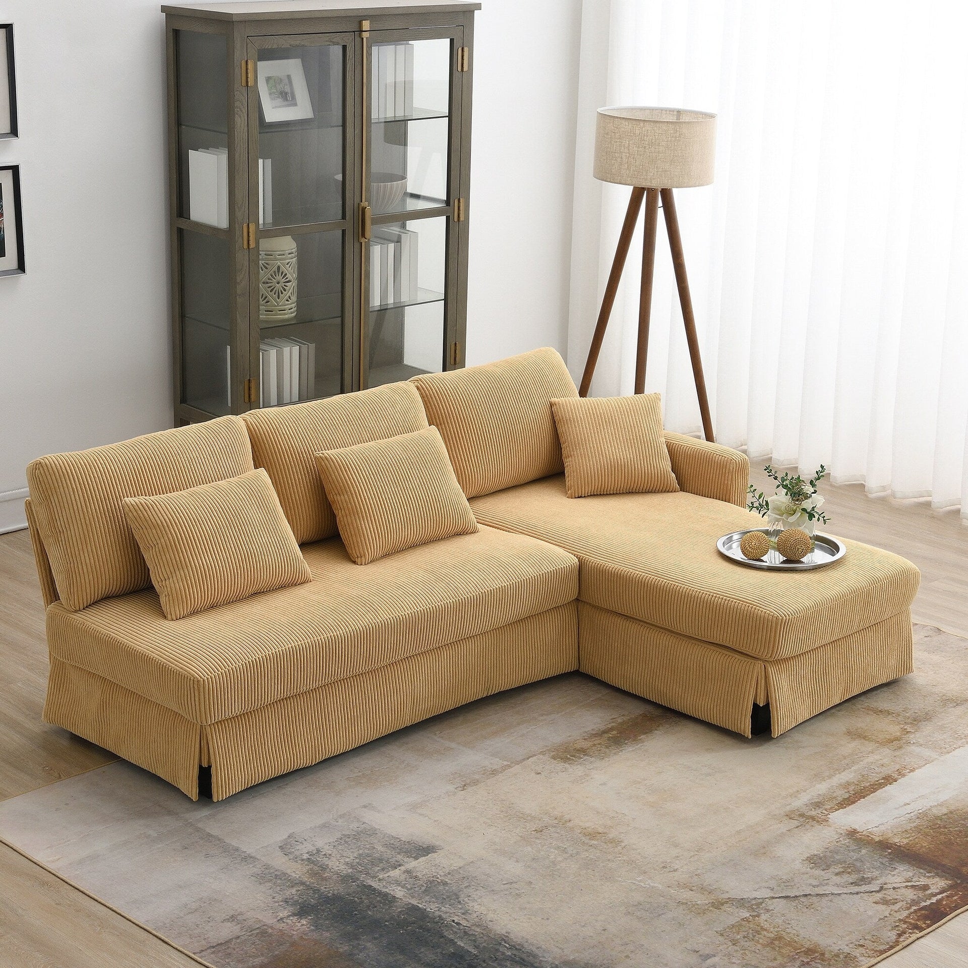 Yellow 87 L-Shaped 3-Seater Sofa with Reversible Chaise and 3 Cushions, Space-Saving Design for Living Room