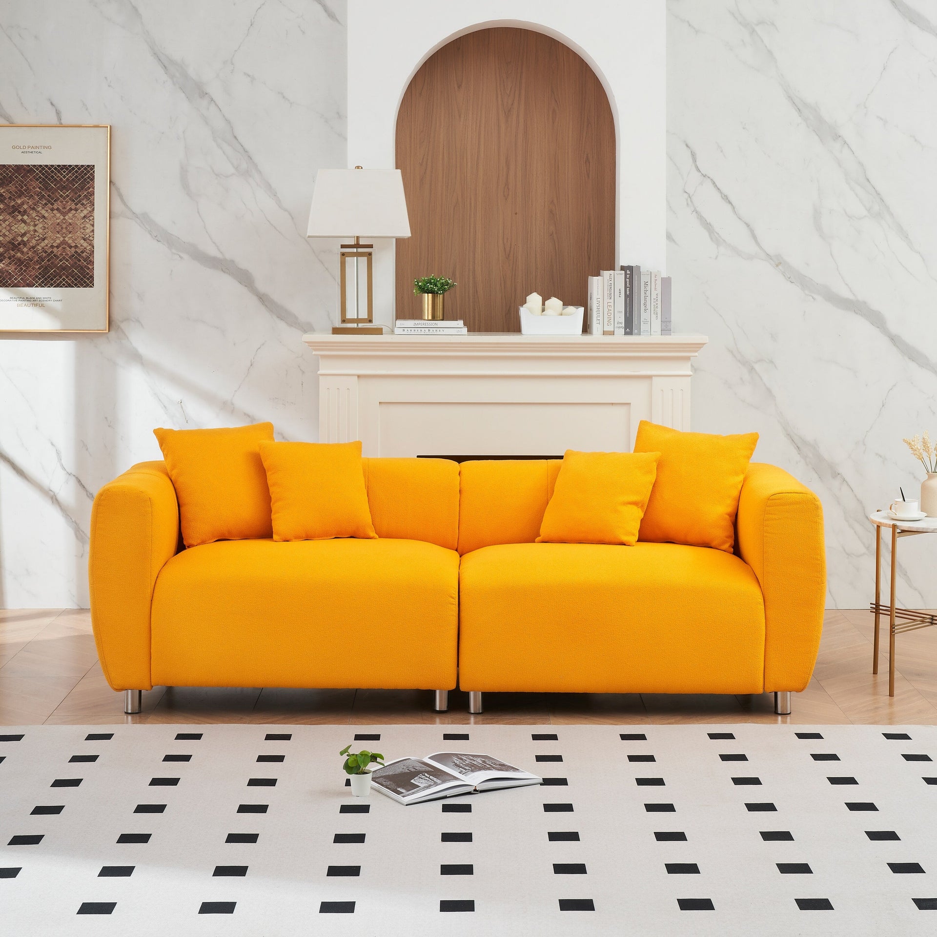 Yellow 89 Cotton Linen 3-seater Sofa with Metal Legs and Solid Wood Frame for Living Room