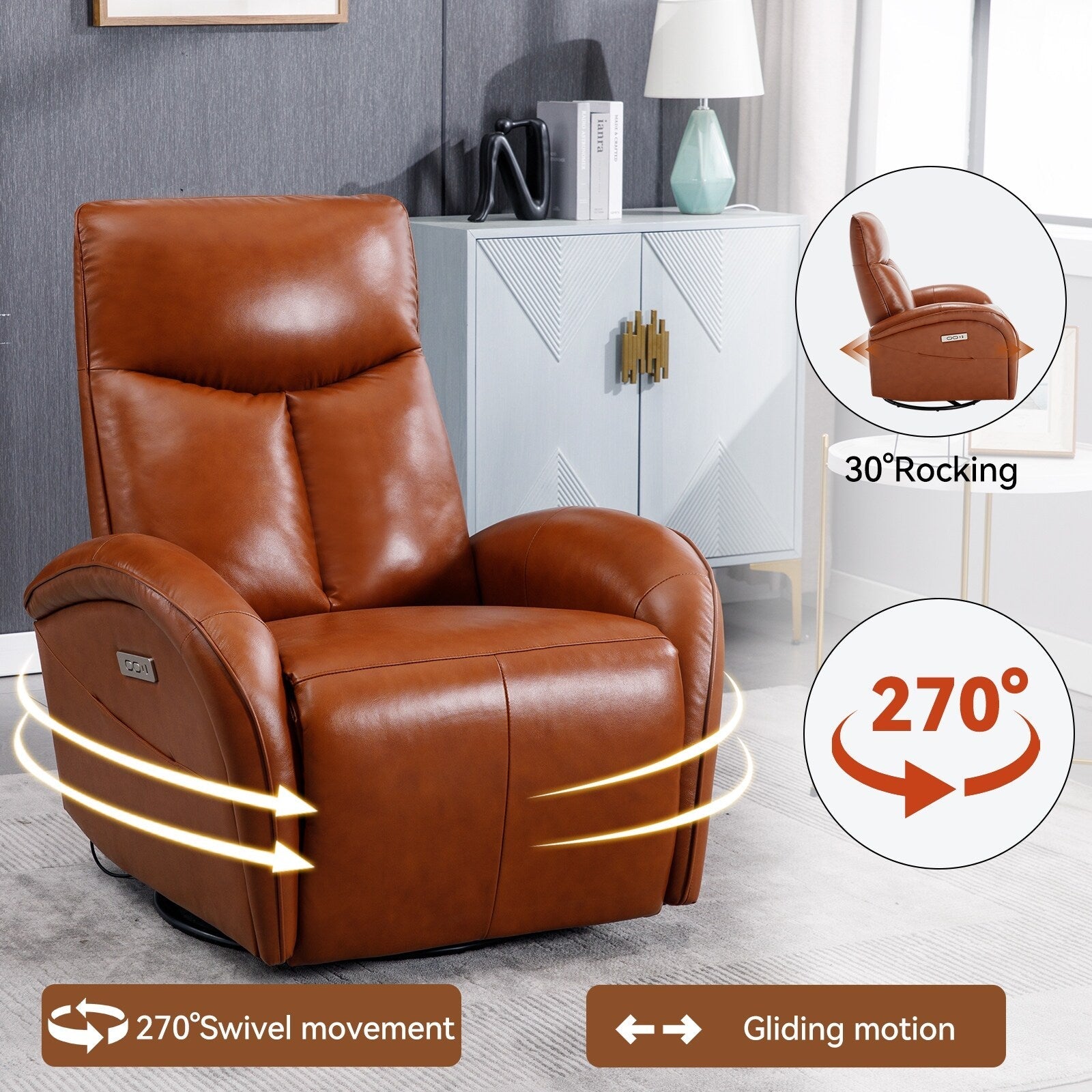 Yellow Brown Genuine Leather 270Â° Swivel Glider Rocker Power Recliner with 2 Side Pockets, USB & Type-C Ports