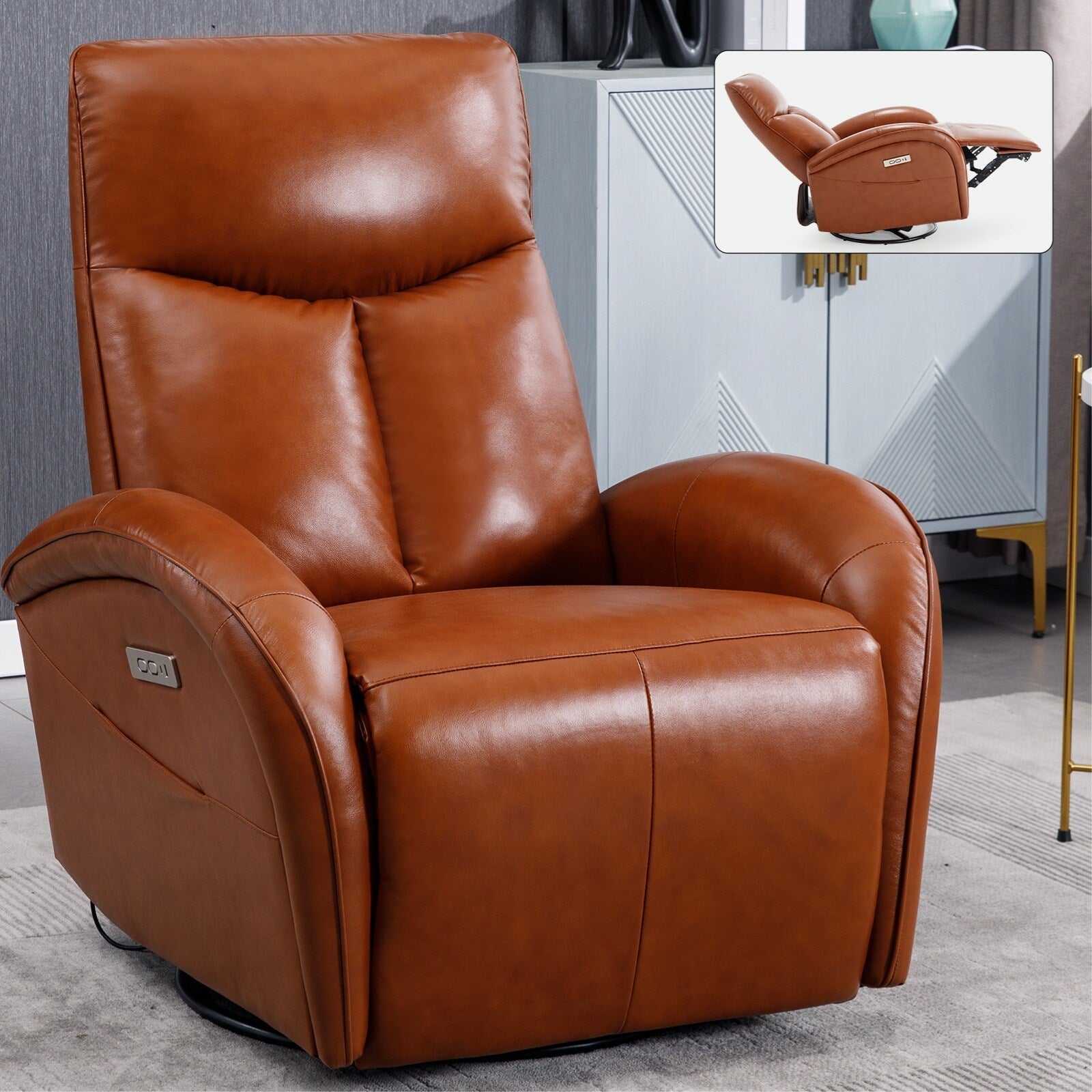Yellow Brown Genuine Leather 270Â° Swivel Glider Rocker Power Recliner with 2 Side Pockets, USB & Type-C Ports