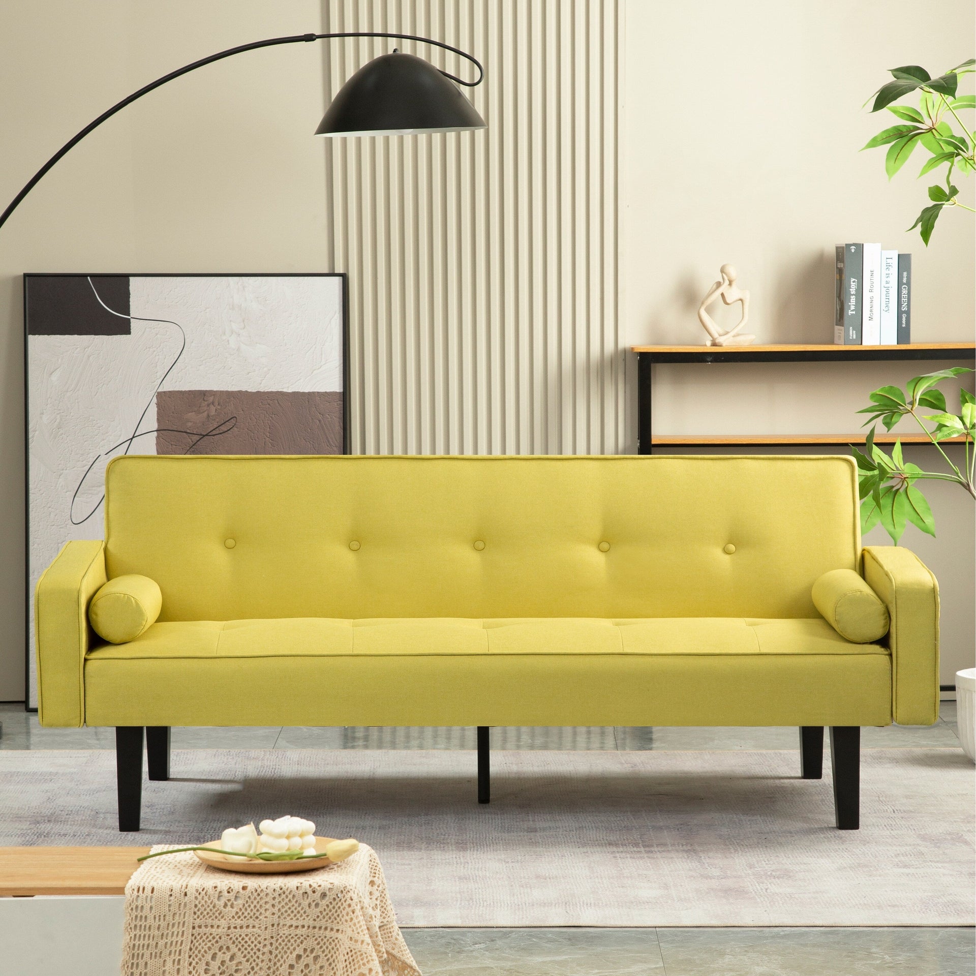 Yellow Convertible 3-seater Futon Sofa Bed with Wood Legs