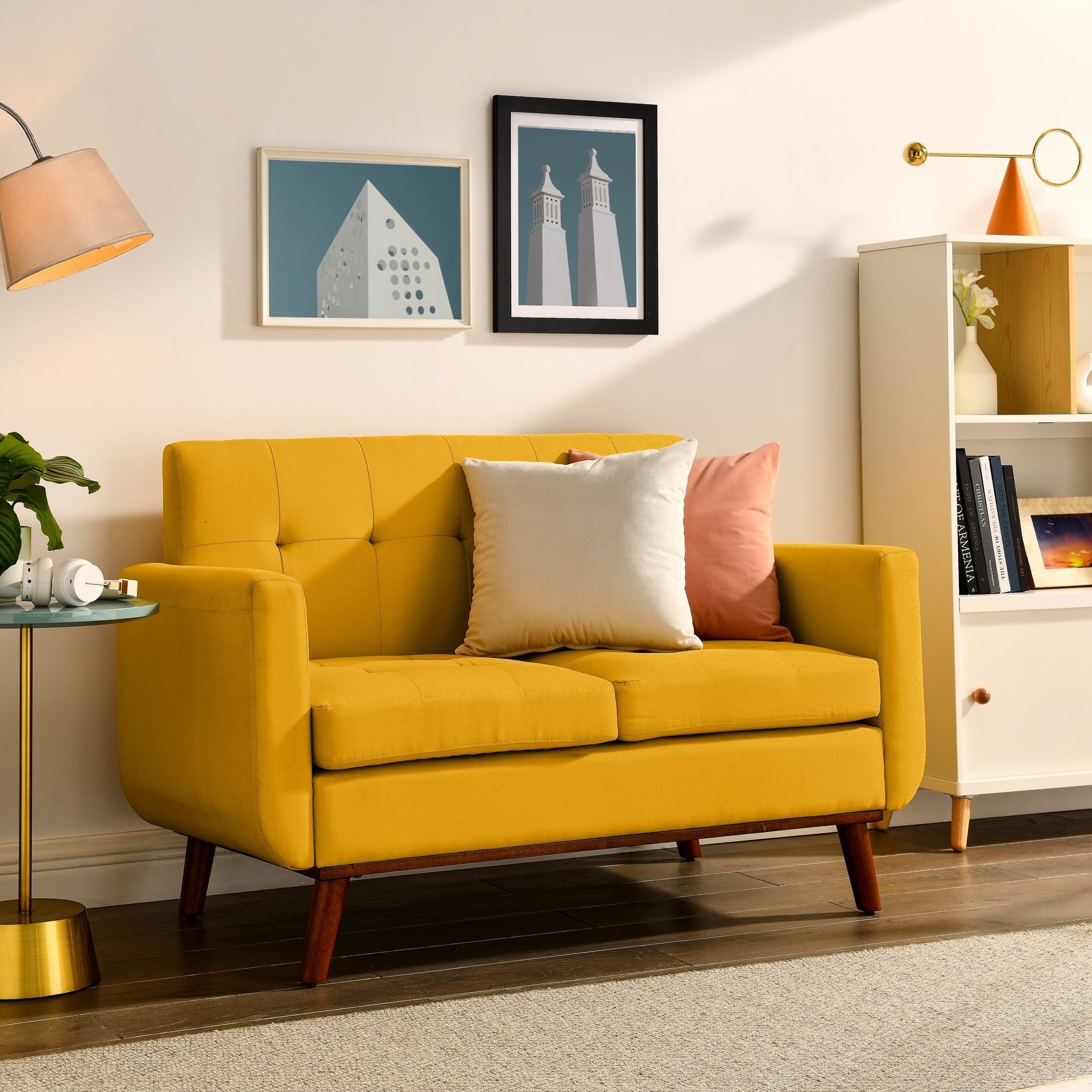 Yellow Foam Button Tufted Loveseat Sofa with Iron Legs