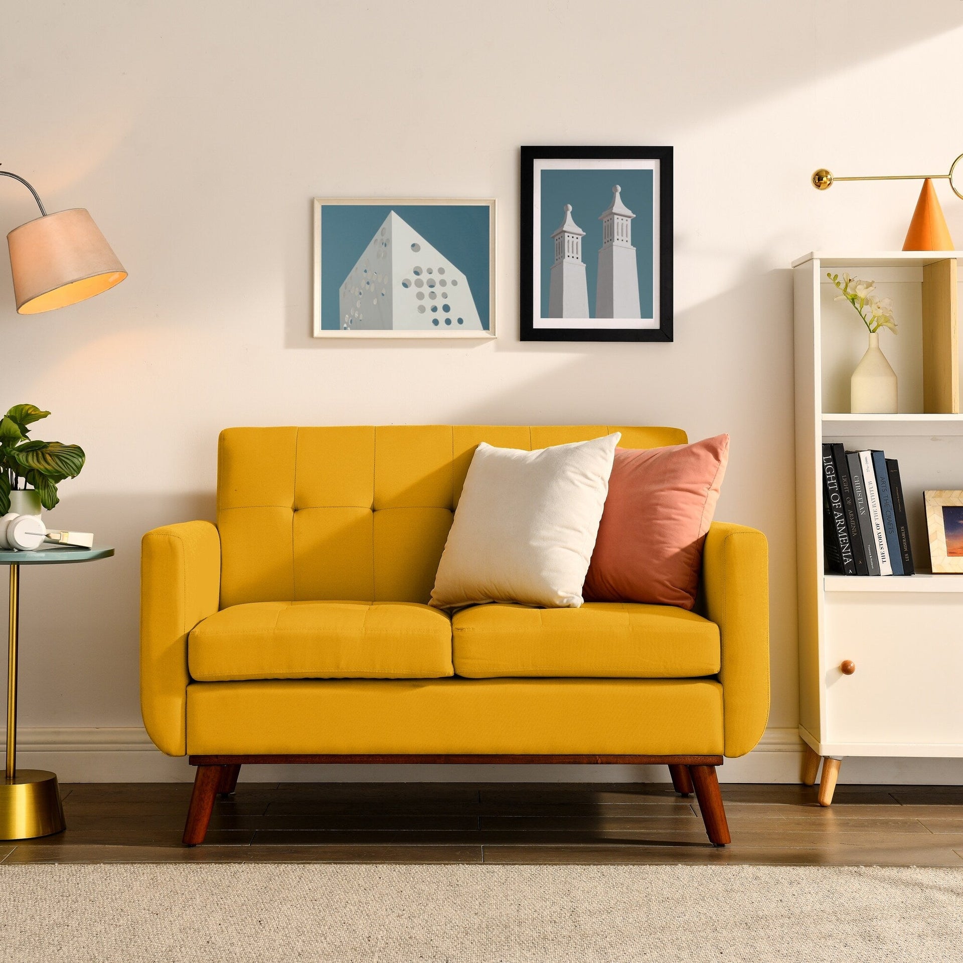 Yellow Foam Button Tufted Loveseat Sofa with Iron Legs