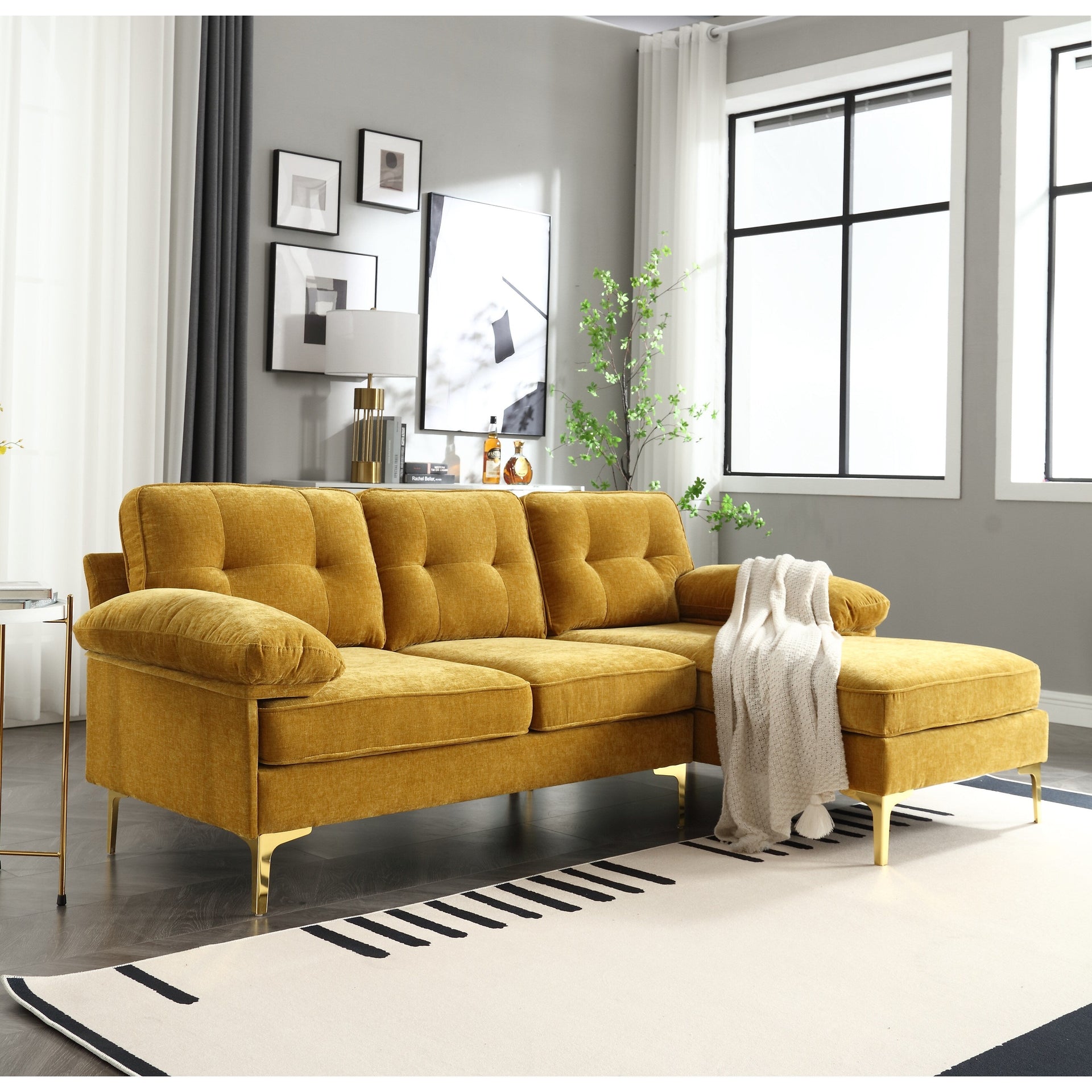 Yellow Modern 85'' Fabric L-Shaped 3-Seater Sofa with Wood Frame and Spring Cushions