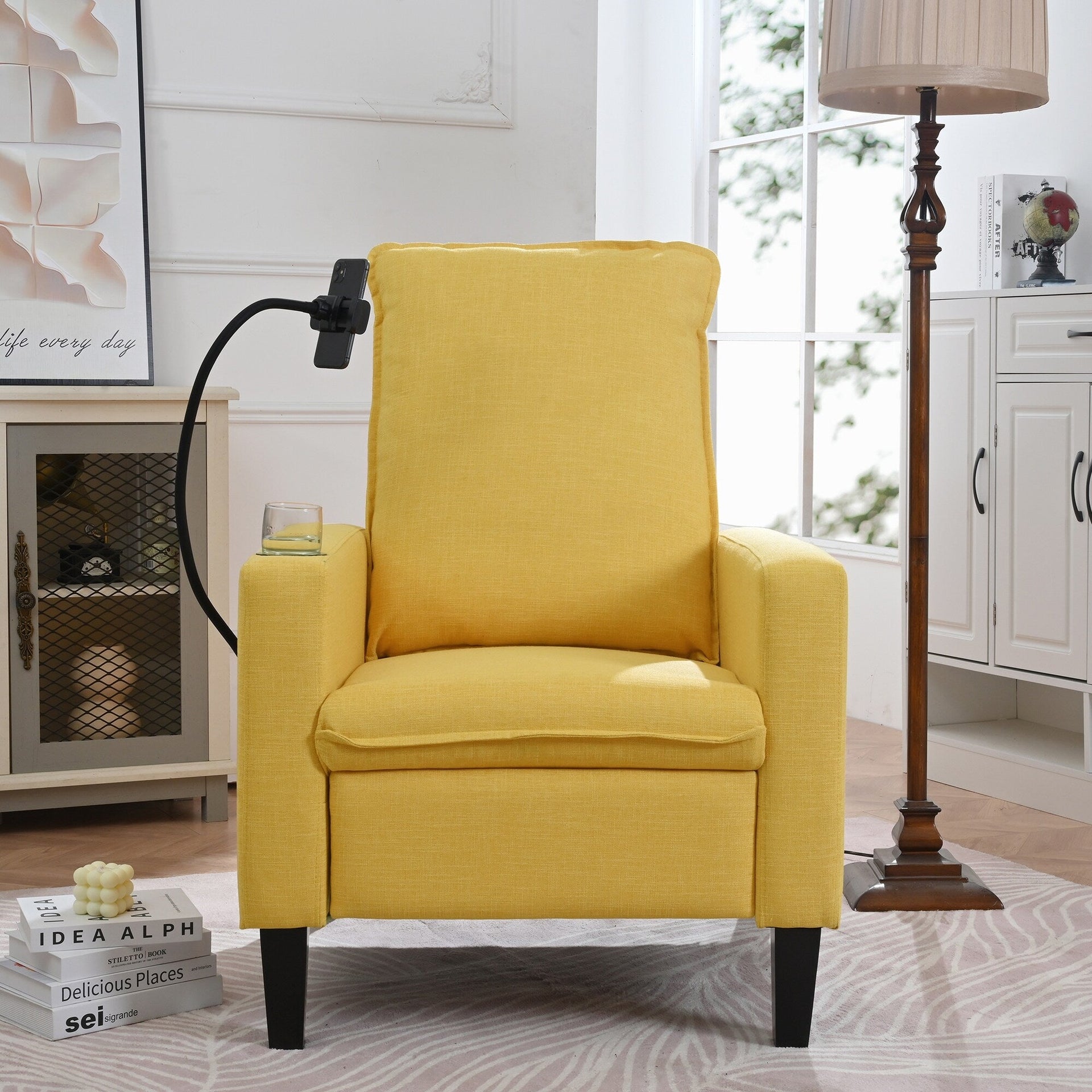 Yellow Modern Fabric Manual Adjustable Recliner Chair with Mobile Phone Holder, Cup Holder, and Footrest