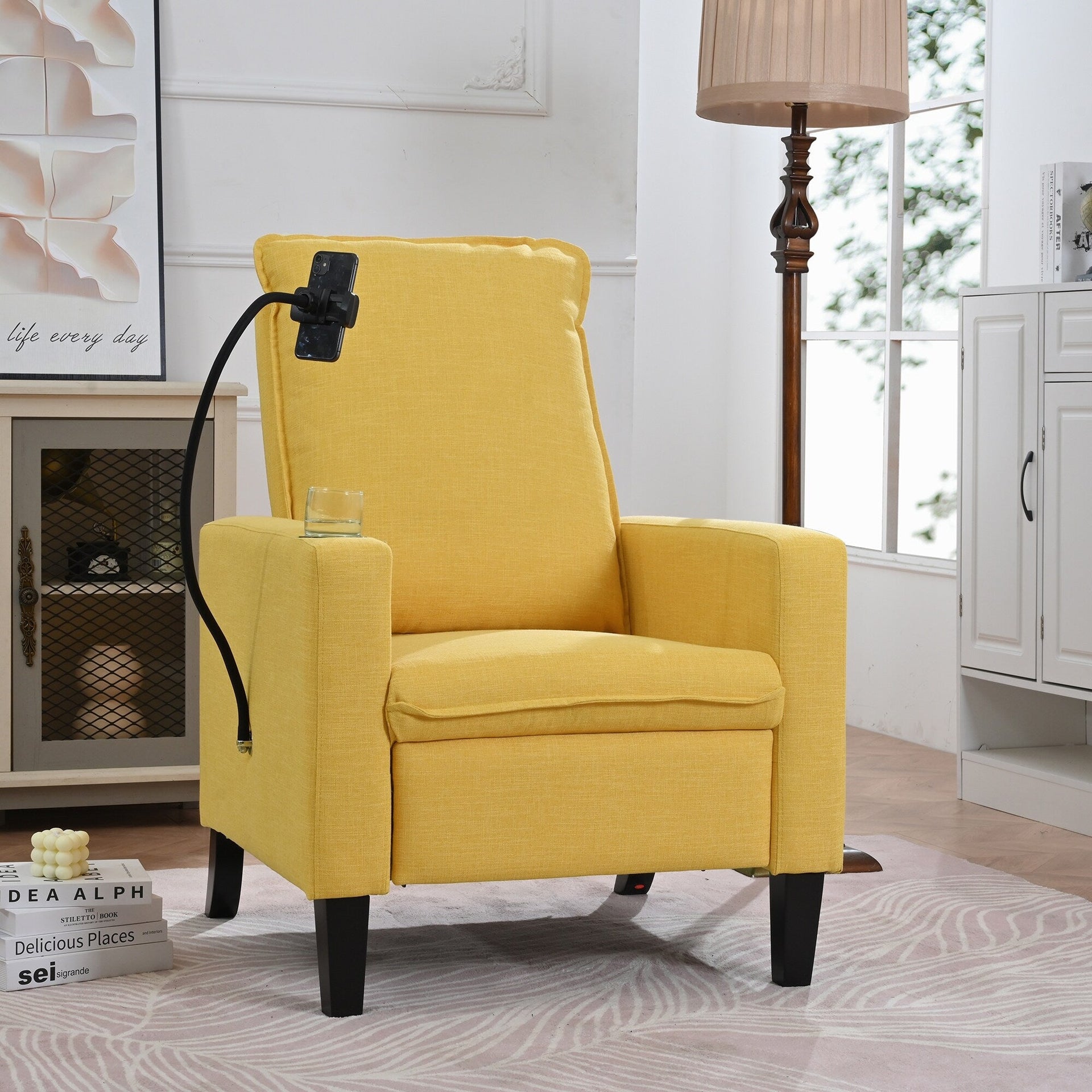 Yellow Modern Fabric Manual Adjustable Recliner Chair with Mobile Phone Holder, Cup Holder, and Footrest