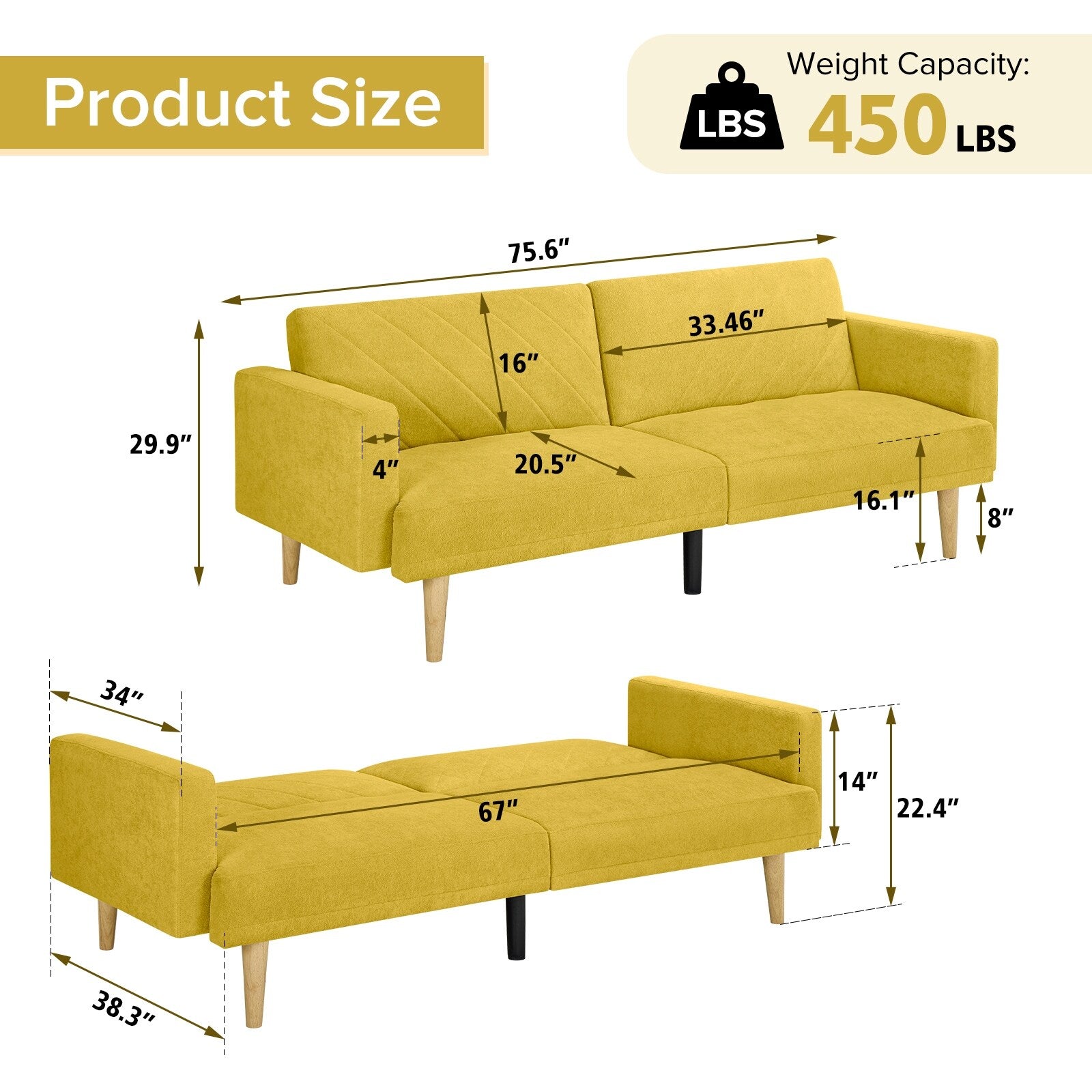 Yellow Snowflake Velvet Futon Sofa Bed