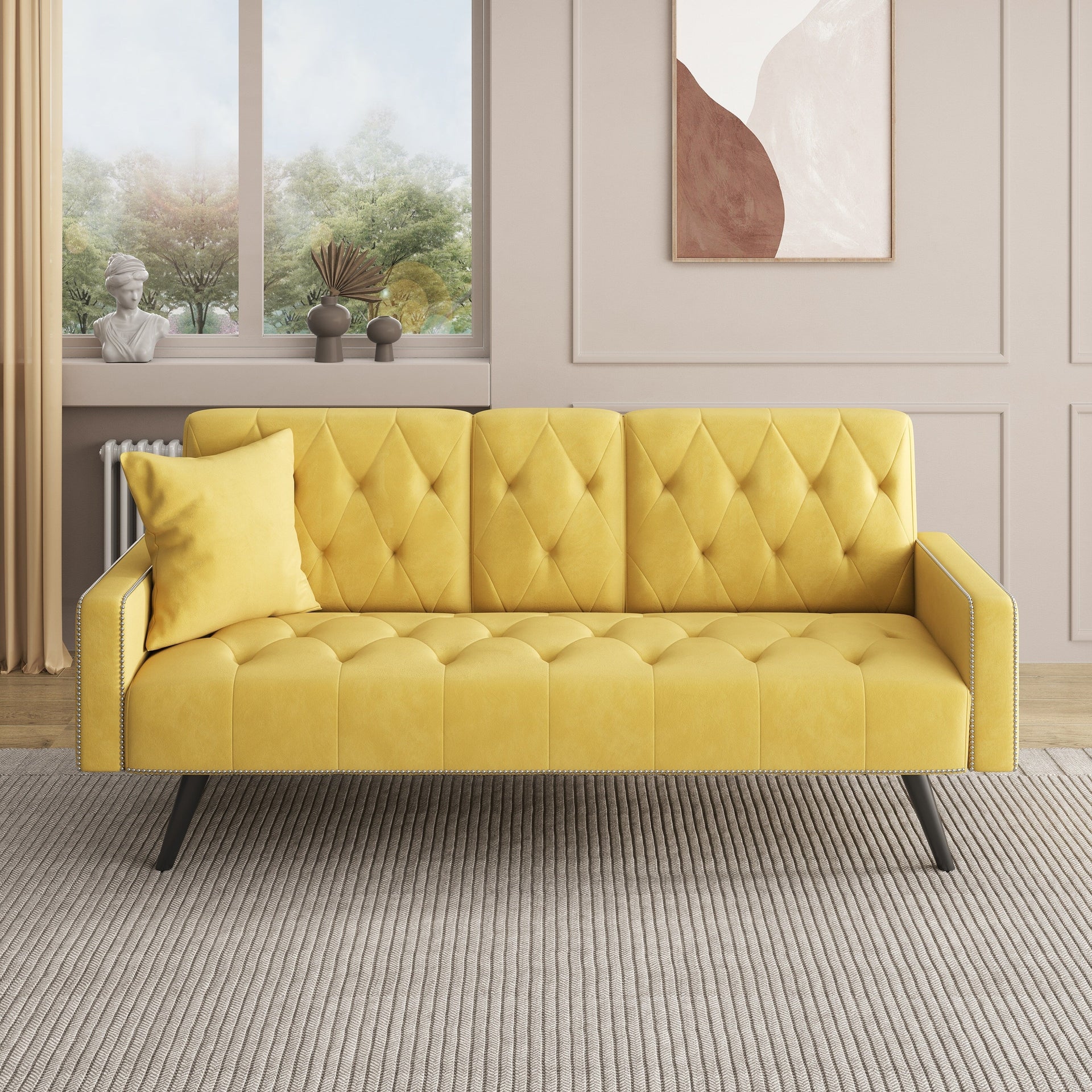 Yellow Velvet 3-seater Sofa Bed with Nailhead and Cup Holders