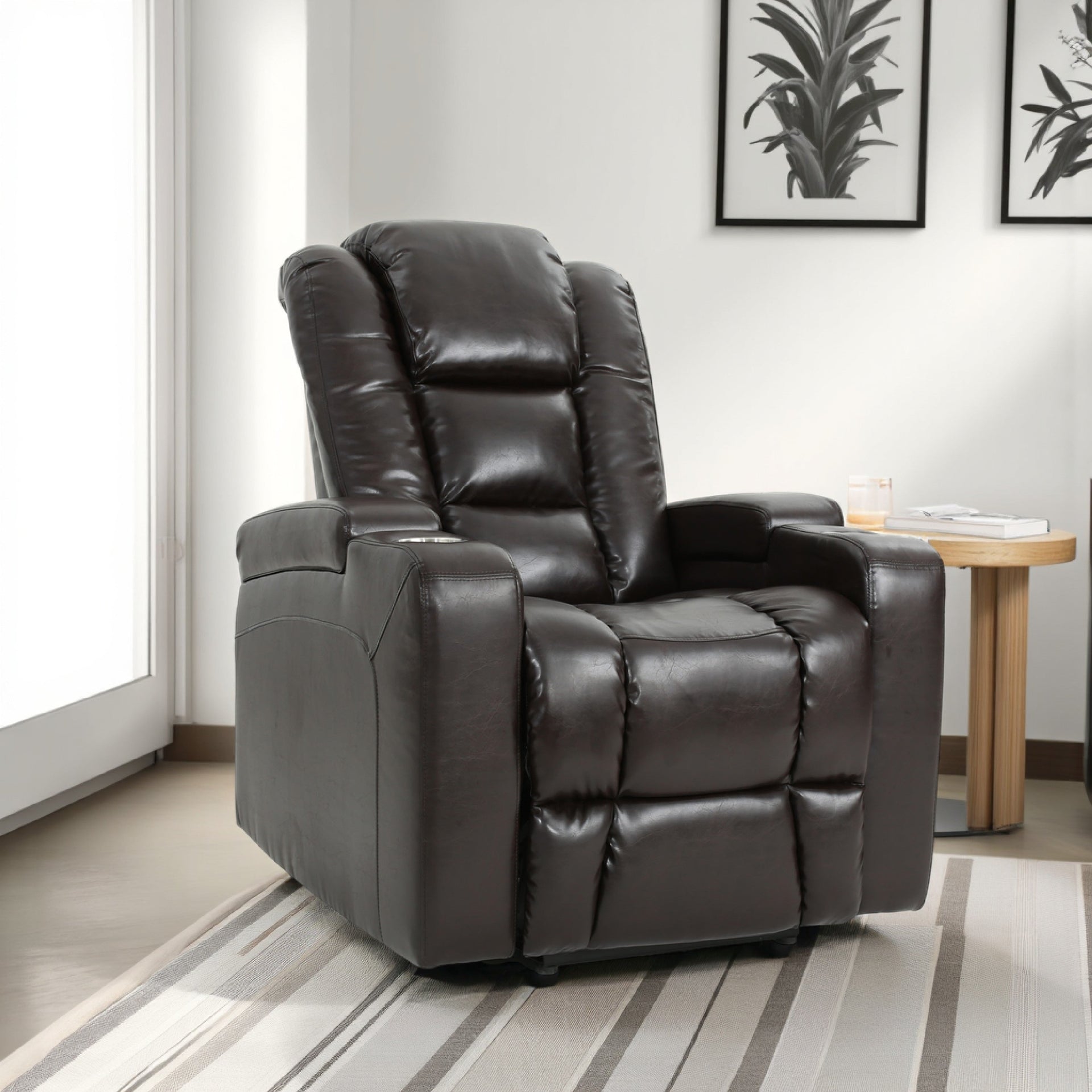 Yoma Power Recliner Chair, 2 Cupholders, Storage, USB, Brown Faux Leather