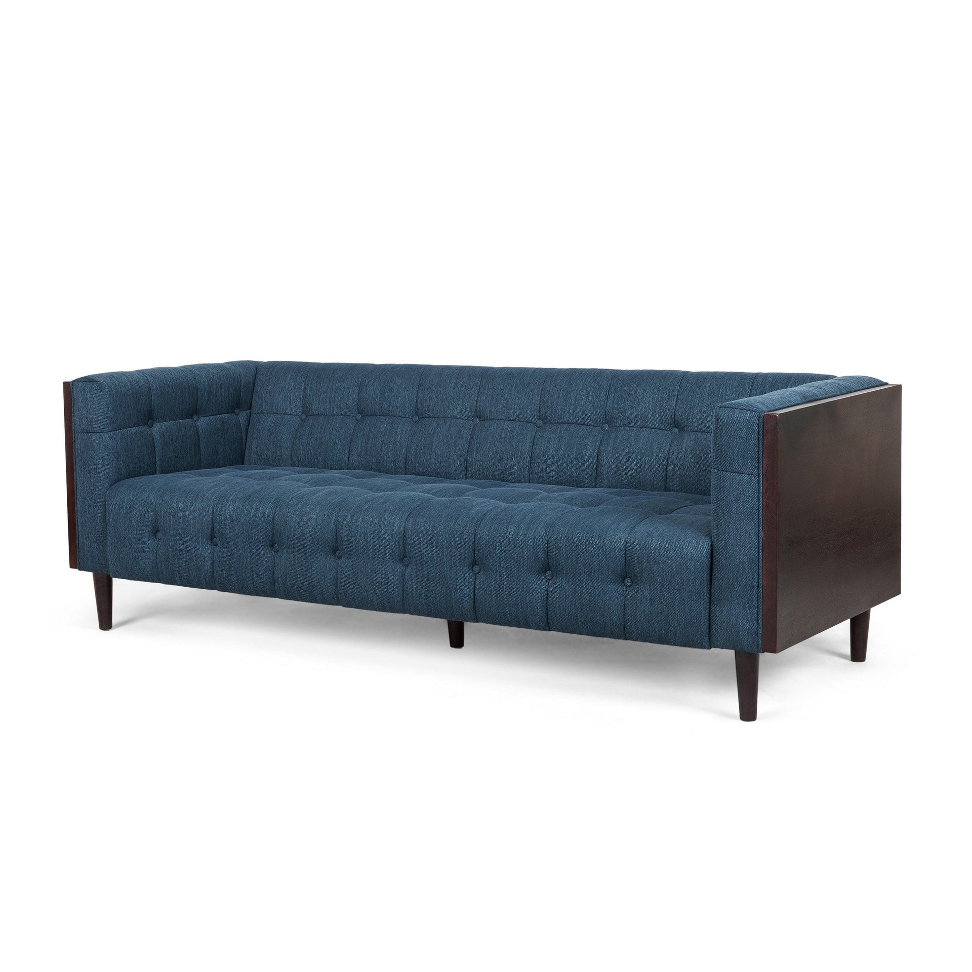 Yuro Sofa, 3 Seater, Chesterfield Button Tufted, 90 Inch, Blue Fabric