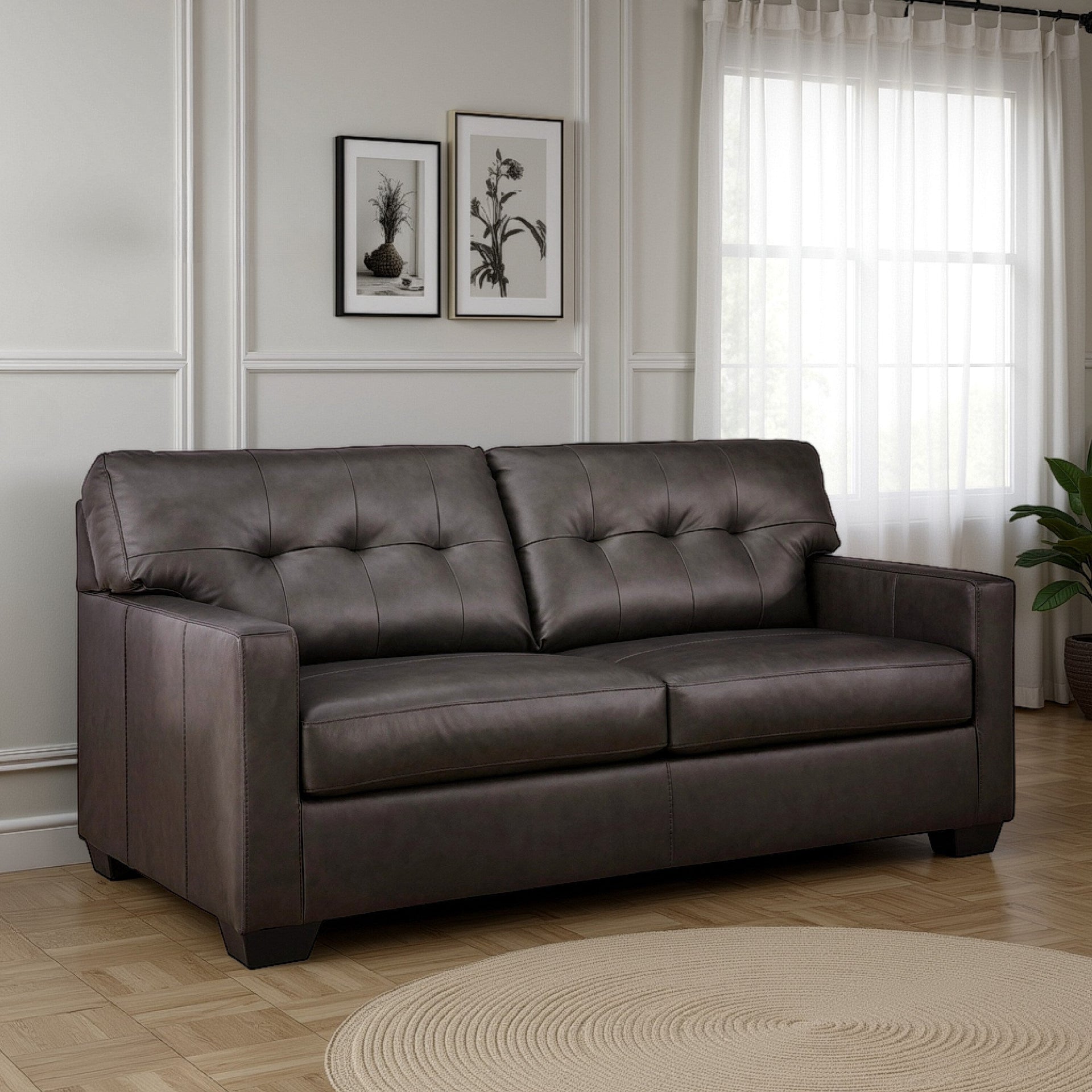 Zada Full Size Sofa Sleeper, Dark Brown Faux and Real Leather, 74 Inch