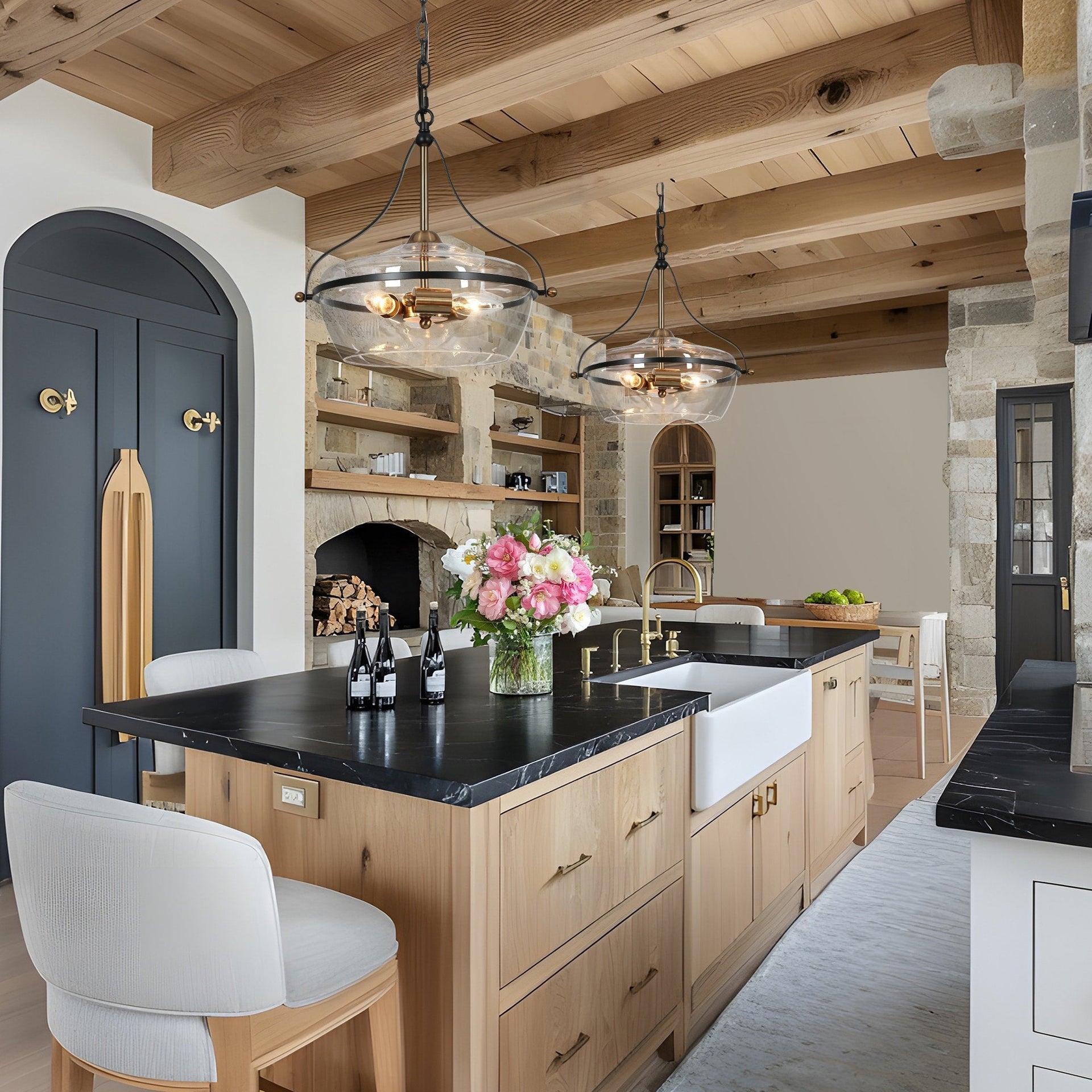 Zelena Modern Farmhouse Black Gold Chandelier 3-Light Glass Pendant Light for Kitchen Island Dining Room