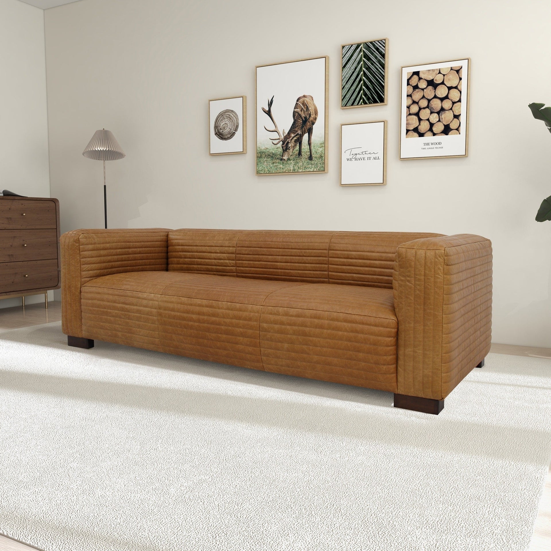 Zenith 90 Wide Mid Century Modern Living Room Leather Couch in Tan