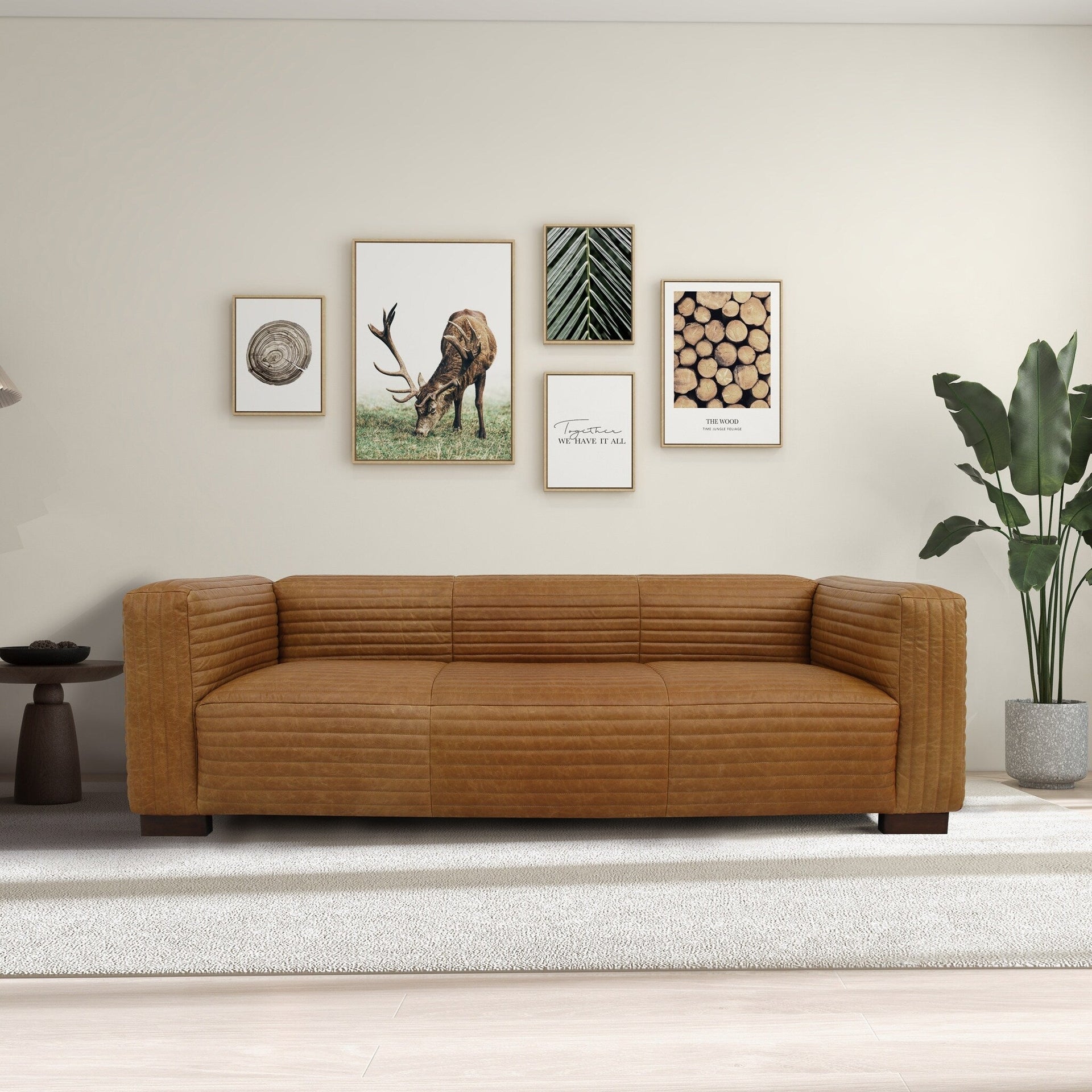 Zenith 90 Wide Mid Century Modern Living Room Leather Couch in Tan