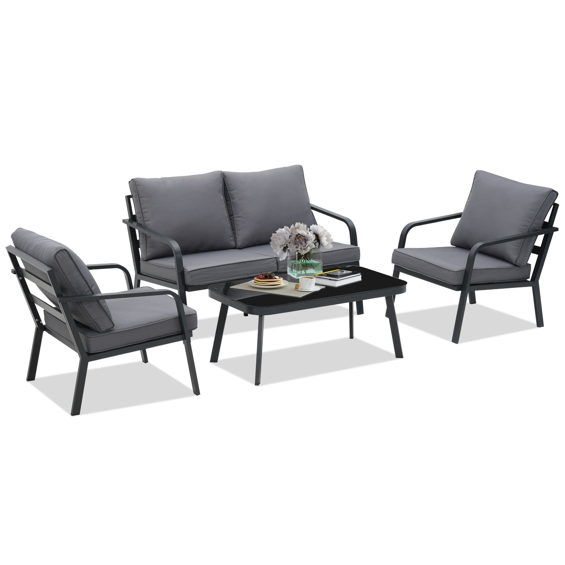 Zenova 2/4 Pcs Aluminum Patio Conversation Set Outdoor Sectional Sofa with Single Chairs
